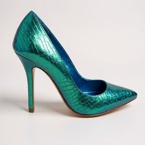 Dune London Iridescent Green Blue Snake Print Heels – Size 38 (US 7.5)